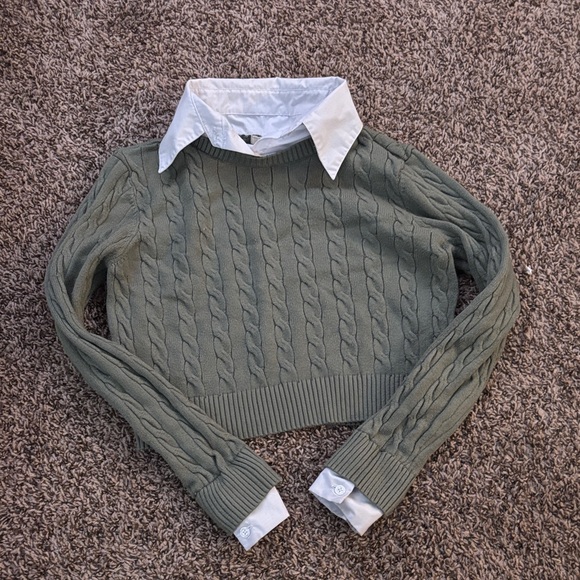 Stella Tweed Olive Cable Knit Sweater with White Collar - Picture 1 of 3